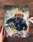 Personalized pet puzzle featuring a dog in a New Orleans Saints football uniform, with "Garry" text.