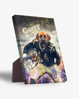 Personalized pet standing canvas featuring a dog in a black and gold football uniform, named "Garry.