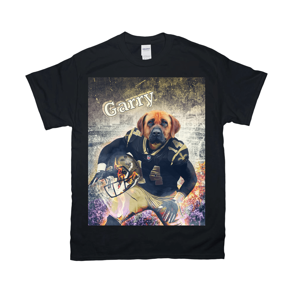 Black Gildan t-shirt with a personalized pet portrait of a dog in a New Orleans Saints football uniform.