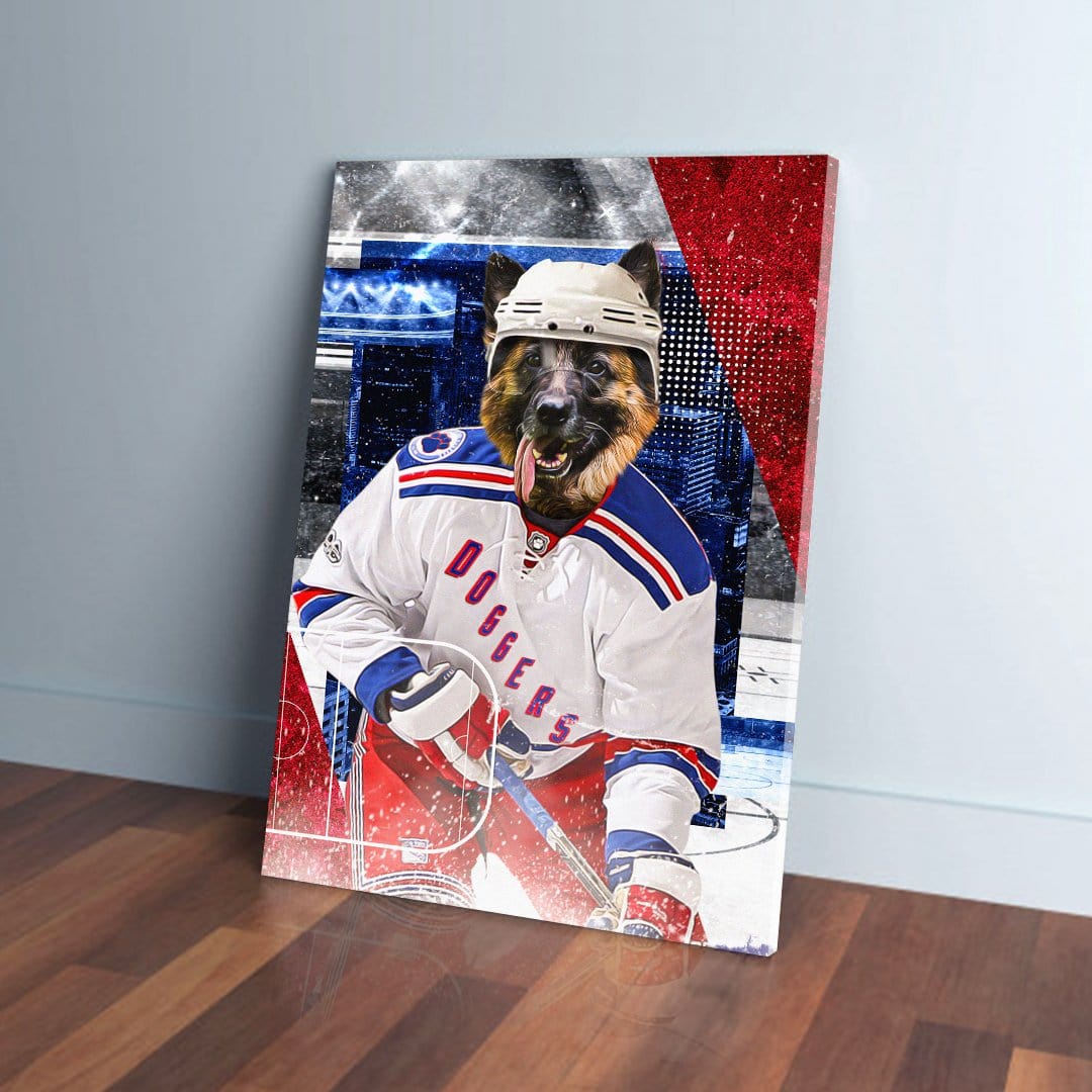 Personalized 'New York Doggers' pet canvas featuring a German Shepherd in a hockey uniform.