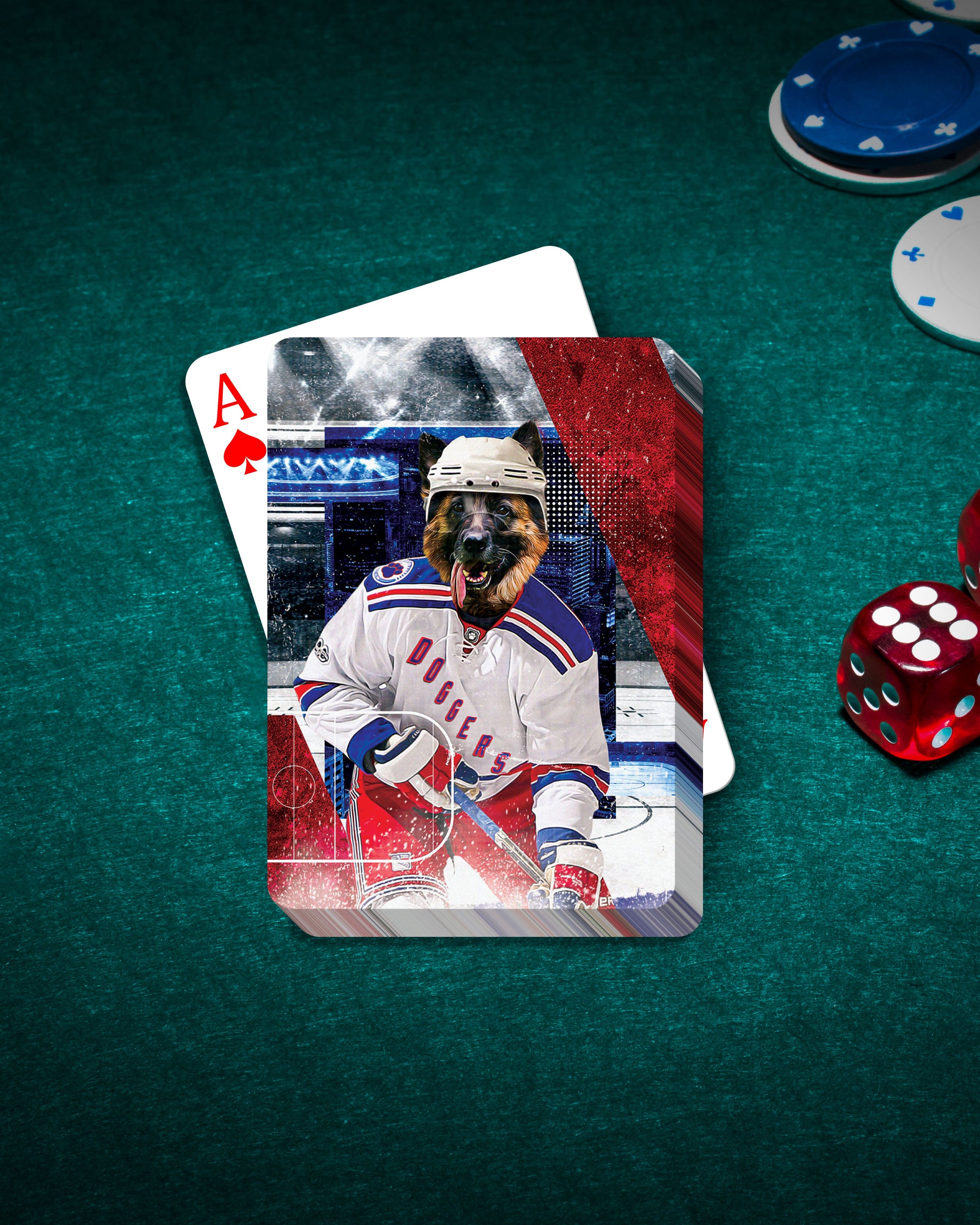 Personalized playing card featuring a German Shepherd dog in a hockey uniform on a green felt table.