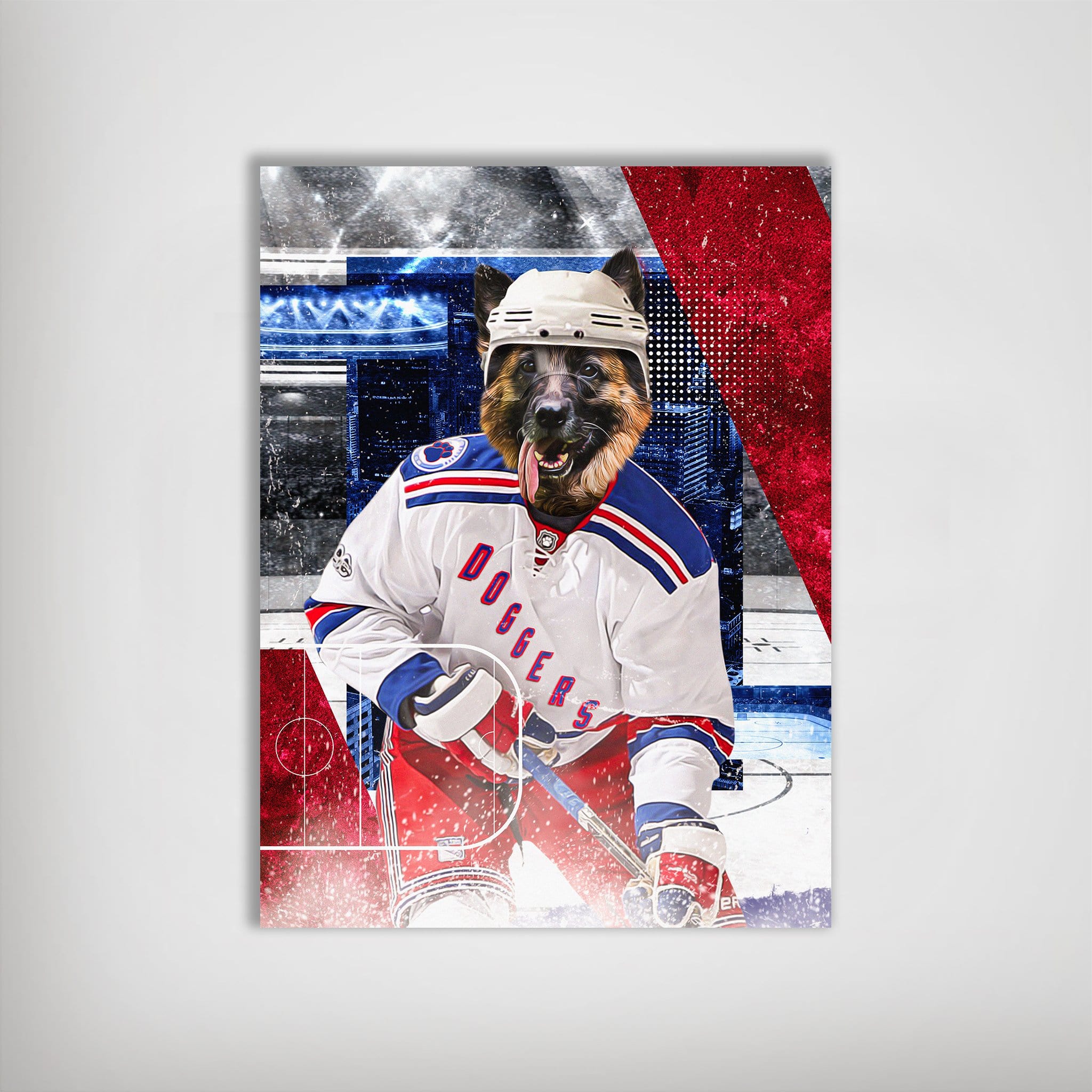 Personalized "New York Doggers" pet poster featuring a German Shepherd in a white, blue, and red hockey uniform.