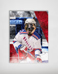 Personalized "New York Doggers" pet poster featuring a German Shepherd in a white, blue, and red hockey uniform.