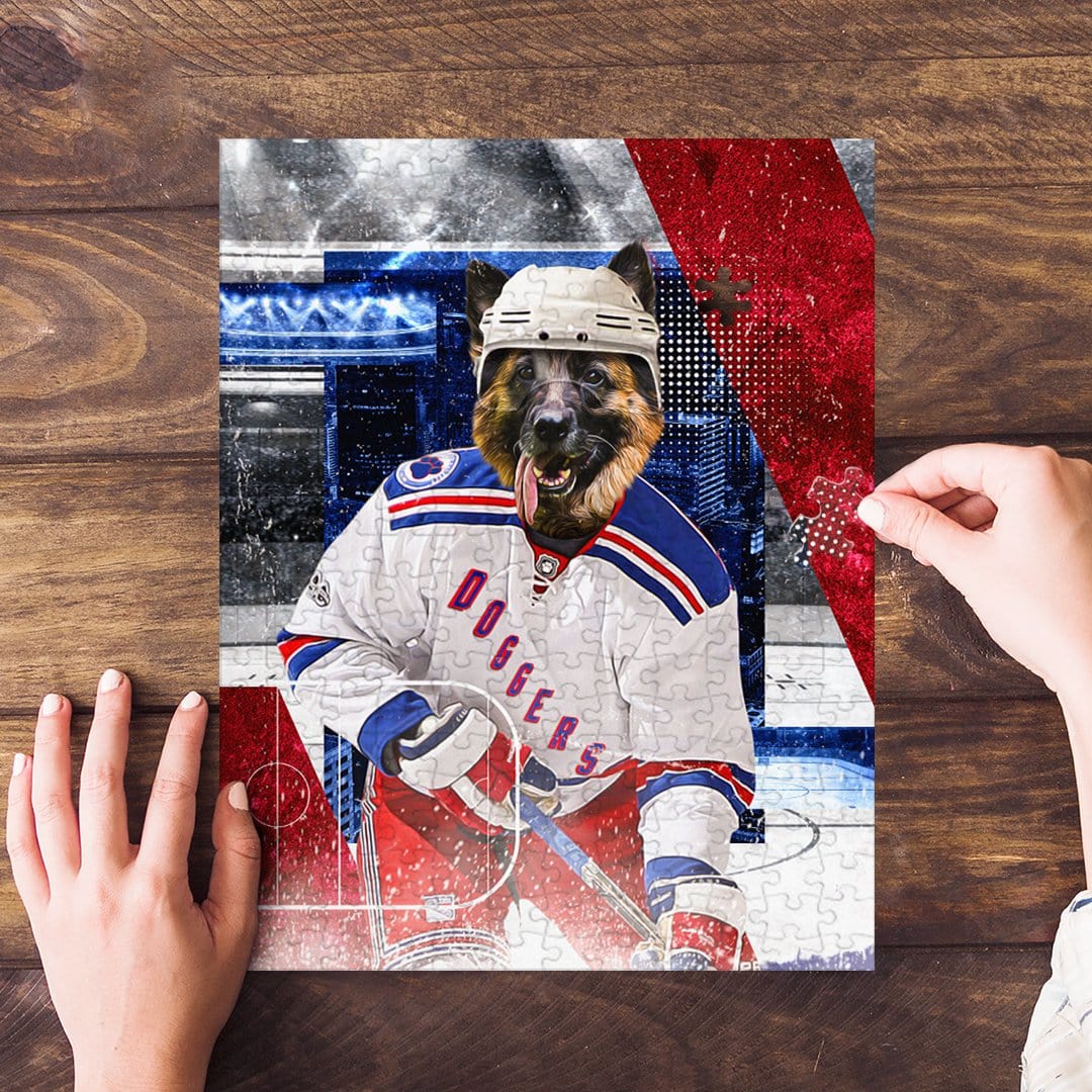 Personalized 'New York Doggers' pet puzzle featuring a German Shepherd in a hockey uniform.