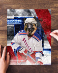 Personalized 'New York Doggers' pet puzzle featuring a German Shepherd in a hockey uniform.