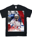 Black Gildan t-shirt featuring a German Shepherd in a white "Doggers" hockey jersey on an ice rink.