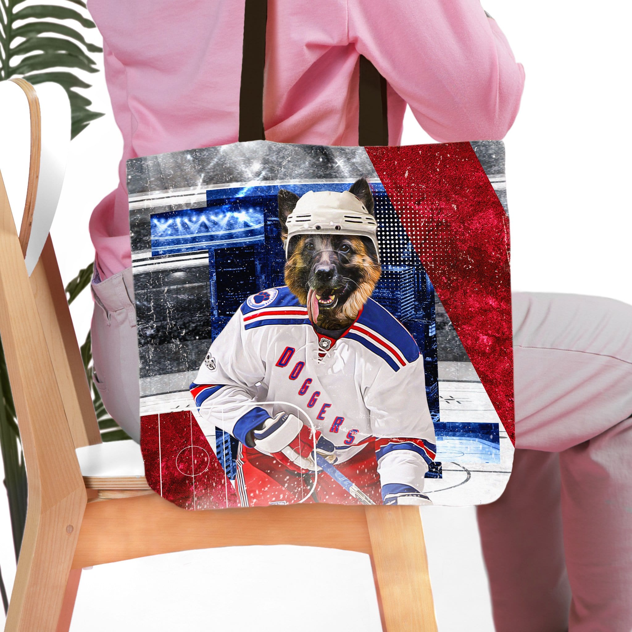 Personalized tote bag featuring a German Shepherd pet portrait in a New York Doggers hockey uniform.