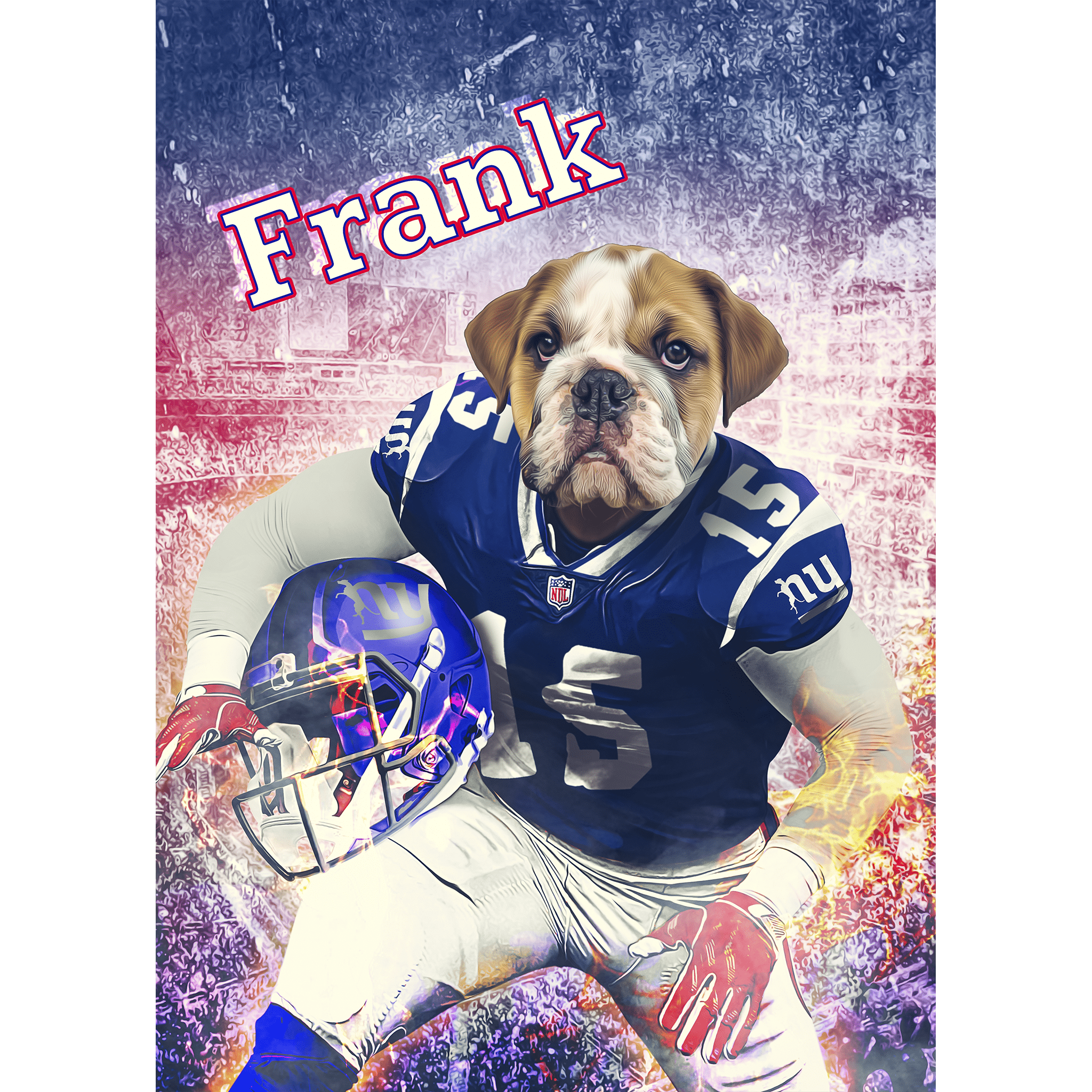 Personalized bulldog pet portrait in a blue football uniform with "Frank" above.