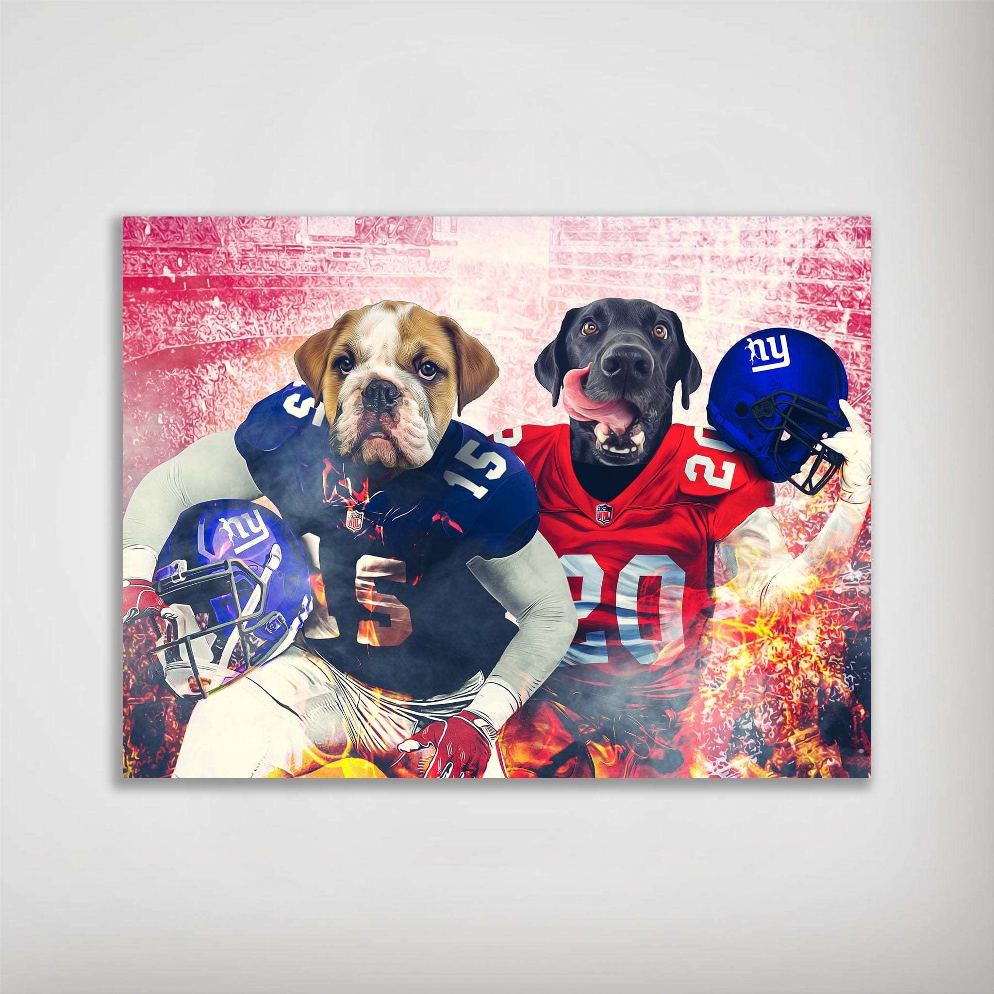 Personalized 'New York Doggos' poster featuring two pets as football players in blue and red jerseys.