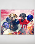 Personalized 'New York Doggos' poster featuring two pets as football players in blue and red jerseys.
