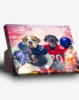 Personalized 'New York Doggos' standing canvas featuring two pets as football players in red and blue jerseys.
