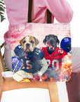 Personalized 2 pet tote bag featuring dog portraits in New York football jerseys.