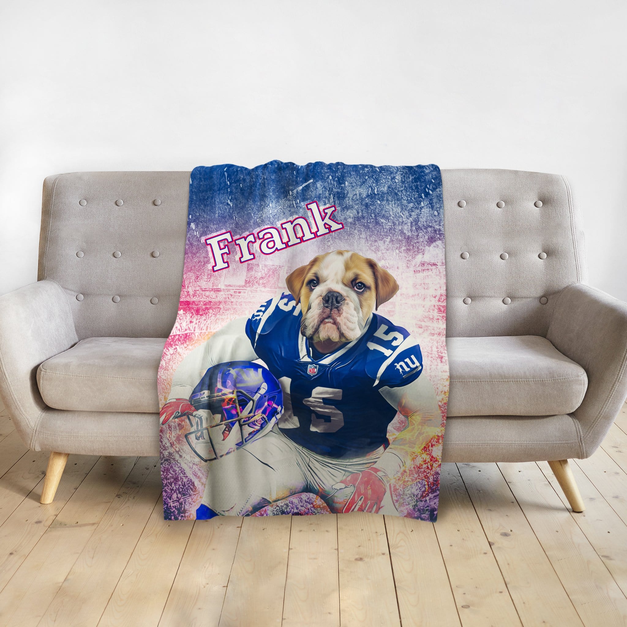 Personalized pet blanket with a bulldog in a blue football uniform, named "Frank".