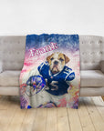 Personalized pet blanket with a bulldog in a blue football uniform, named "Frank".