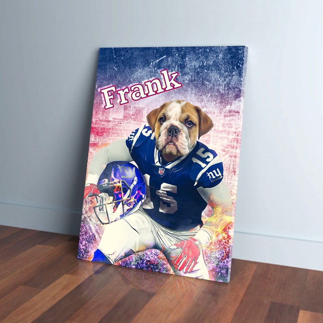 Personalized "New York Doggos" canvas featuring a bulldog in a blue football uniform, holding a helmet, with "Frank" above.