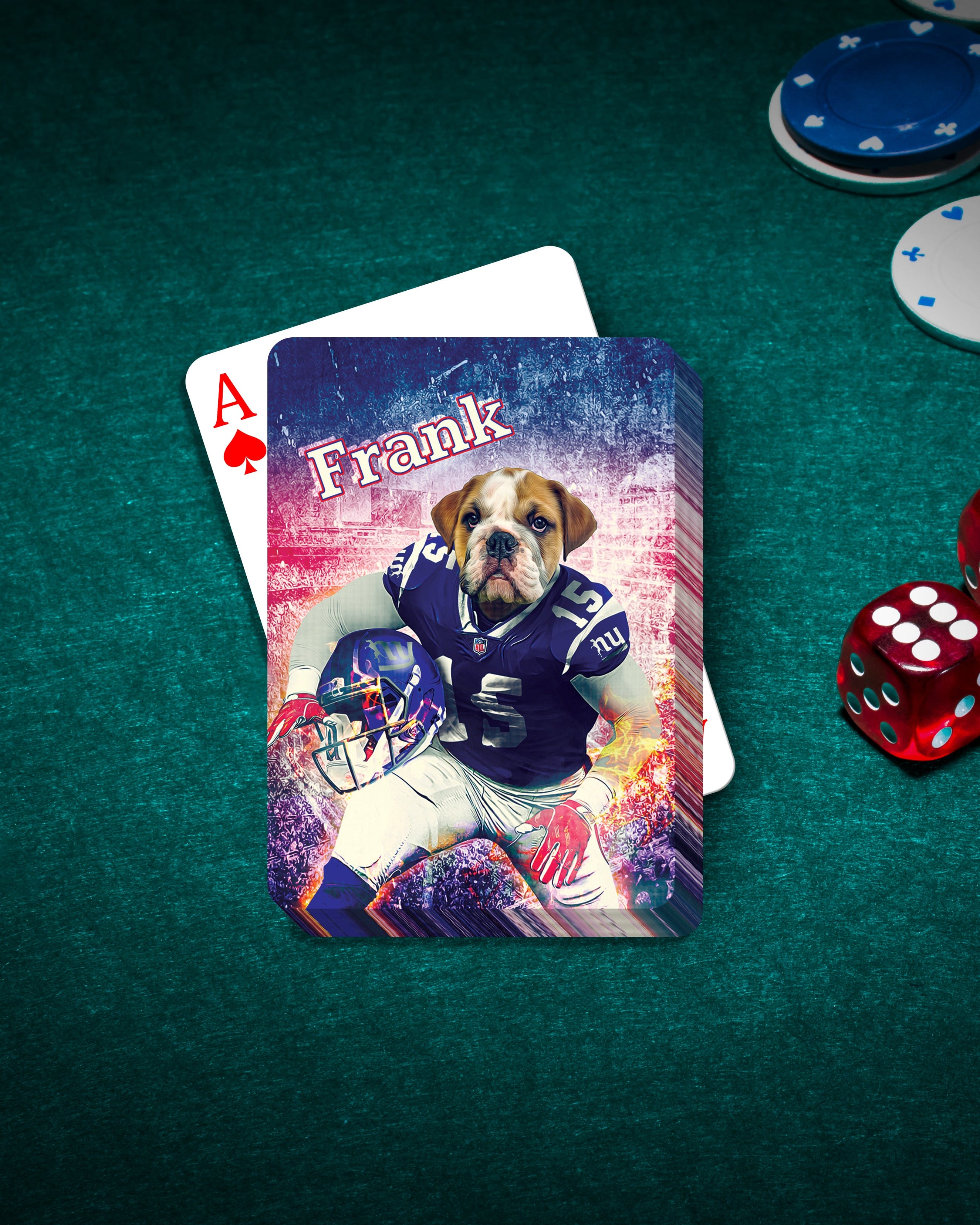 Personalized playing card featuring a bulldog in a football uniform, named Frank, on a green felt table.
