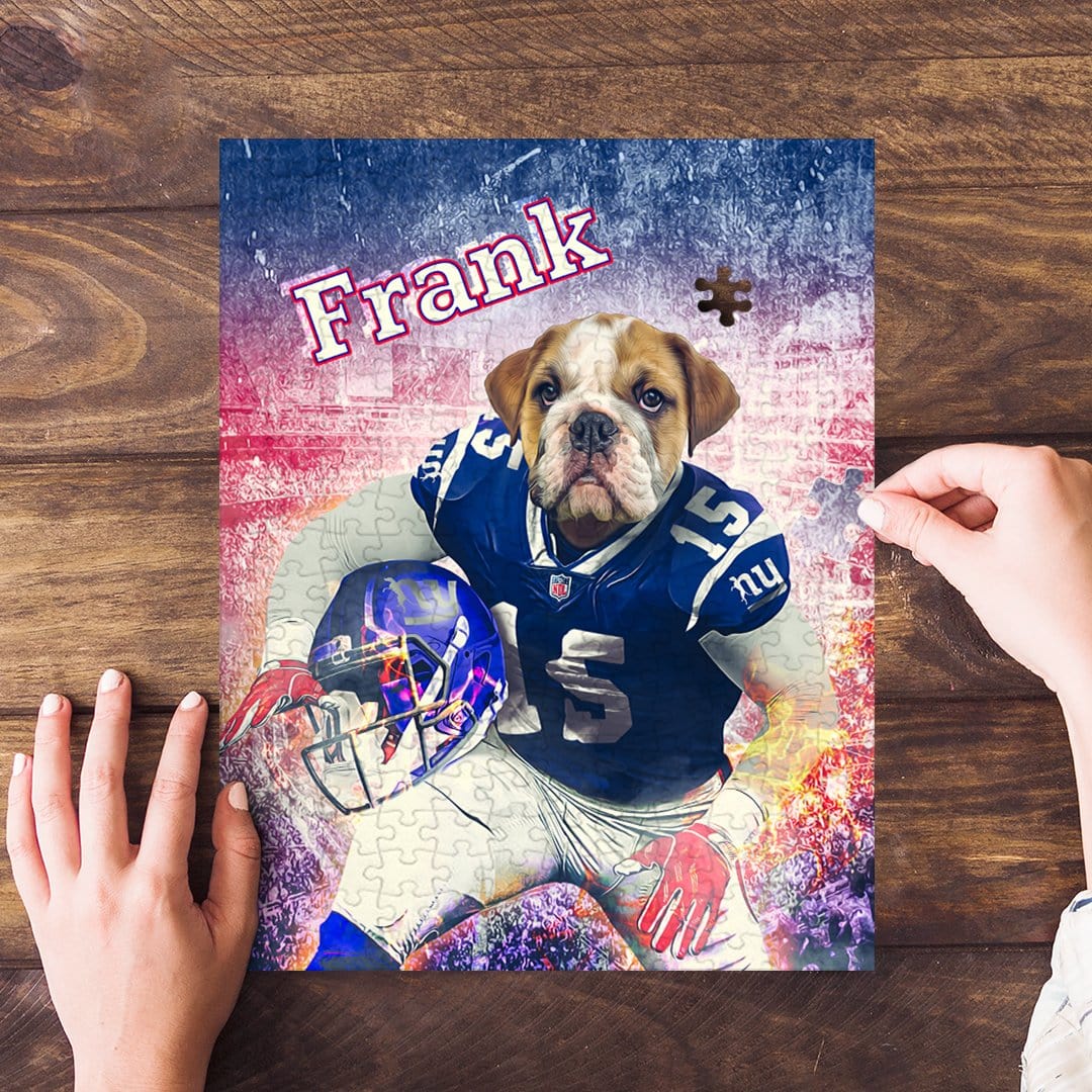 Personalized pet puzzle featuring a bulldog in a blue football uniform with "Frank" and a helmet.