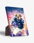 Personalized pet standing canvas featuring a bulldog in a blue football uniform with "Frank" above.