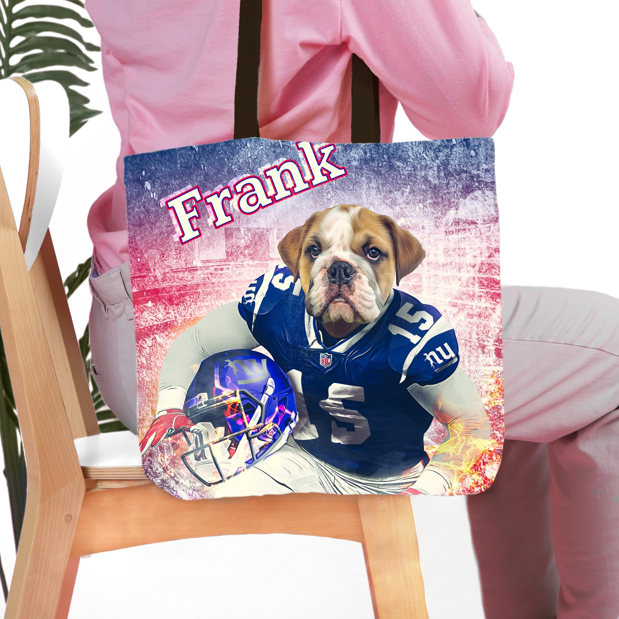 Personalized tote bag with a bulldog pet portrait in a football uniform, named Frank.