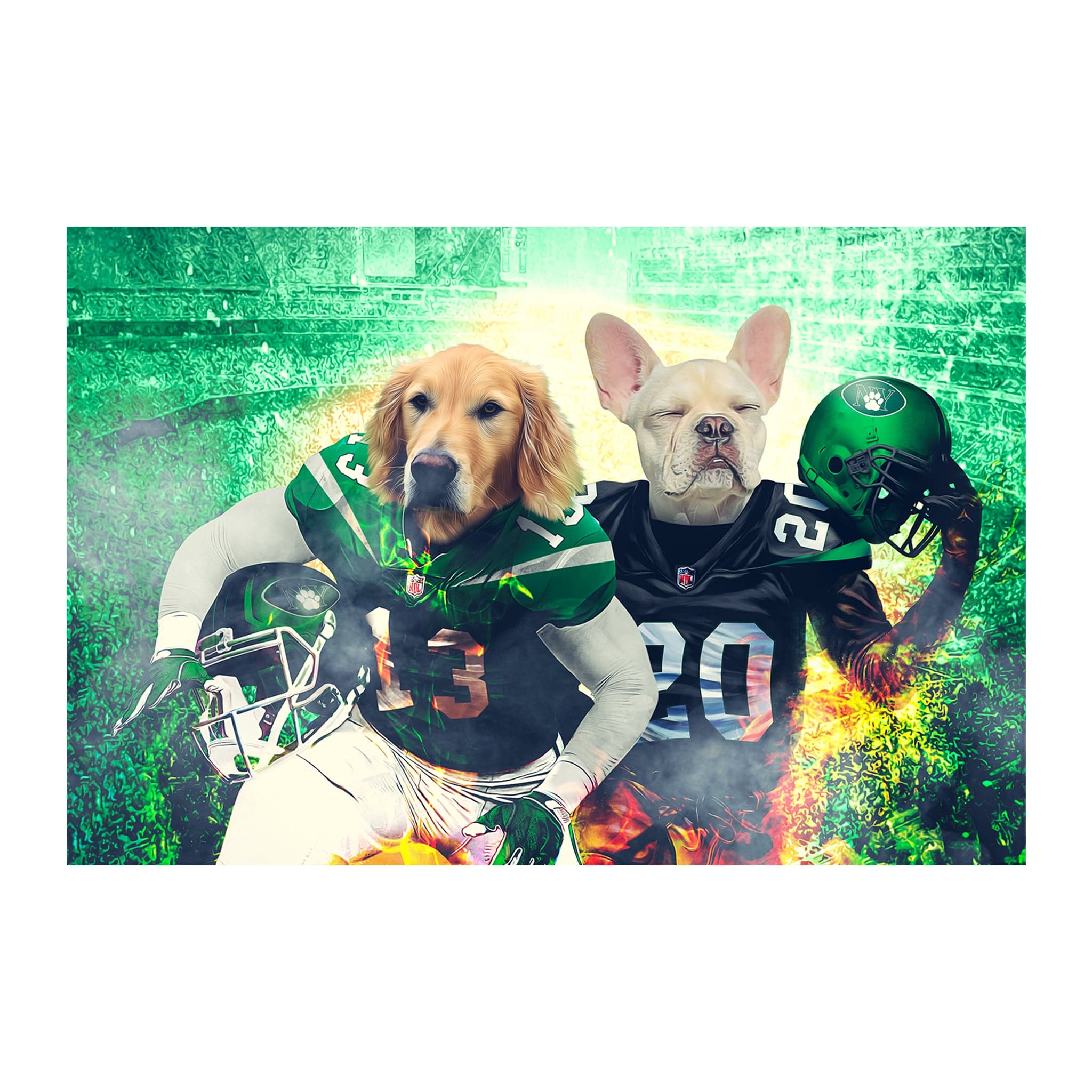 Custom digital portrait of two dogs in New York Jets football uniforms.