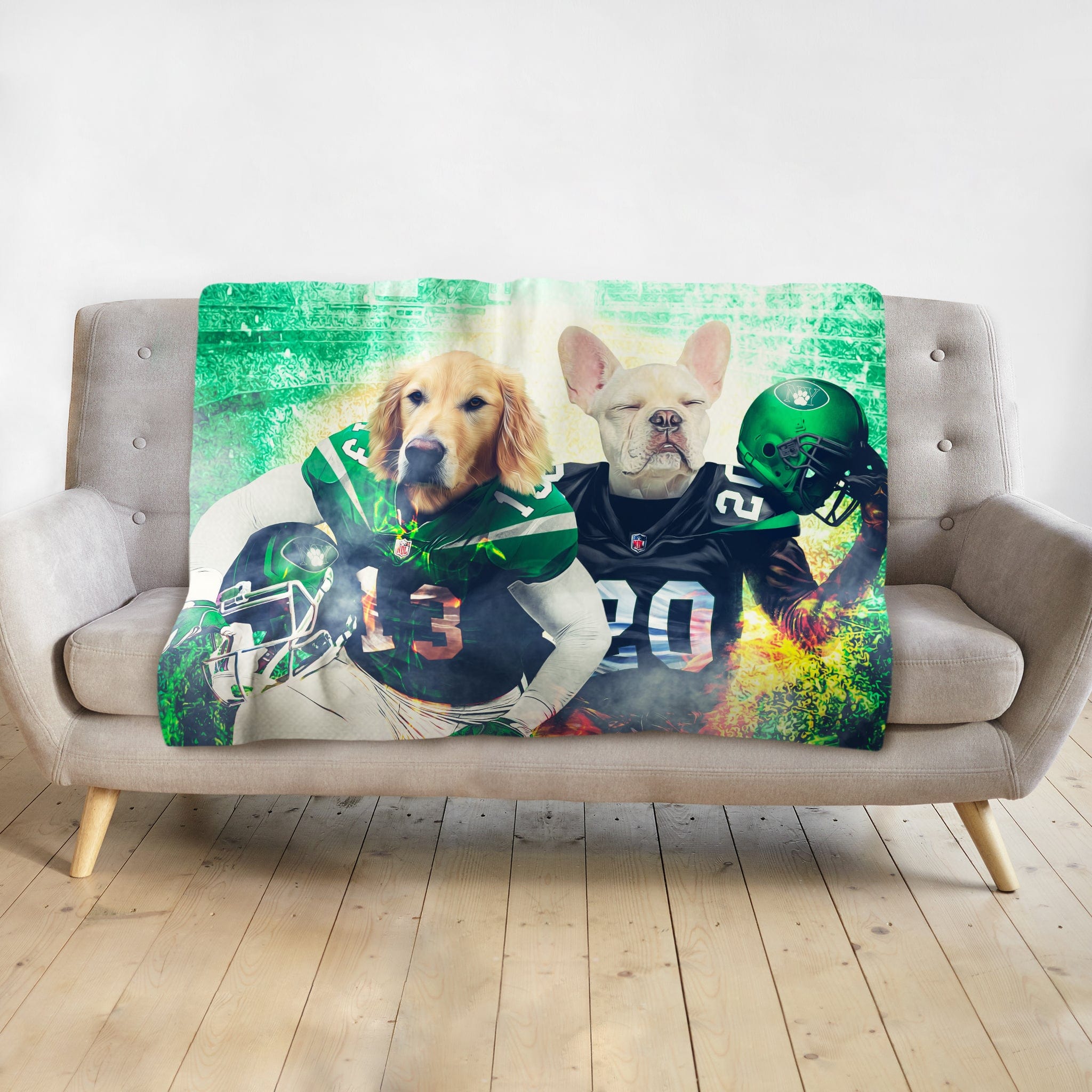 Custom personalized blanket with two pets, a golden retriever and a French bulldog, dressed as football players.