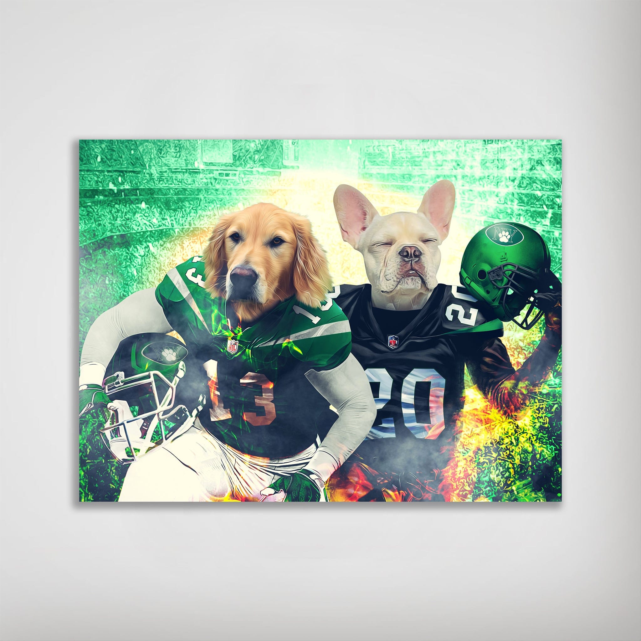 Personalized 'New York Jet-Doggos' poster featuring a Golden Retriever and French Bulldog in green and black football uniforms.