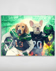 Personalized 'New York Jet-Doggos' poster featuring a Golden Retriever and French Bulldog in green and black football uniforms.