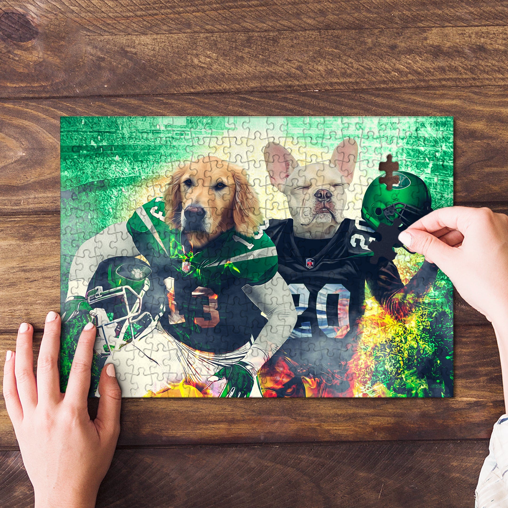 Personalized 2 pet puzzle featuring a Golden Retriever and French Bulldog in New York Jets football uniforms.