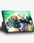 Personalized standing canvas featuring two pets as New York Jet-Doggos football players in green and black jerseys.