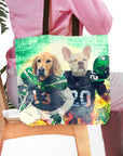 Personalized tote bag with two pets as New York Jet football players, a golden retriever and a French bulldog.