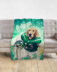 Personalized pet blanket with a golden retriever dog portrait in a green football uniform, named "Adam".