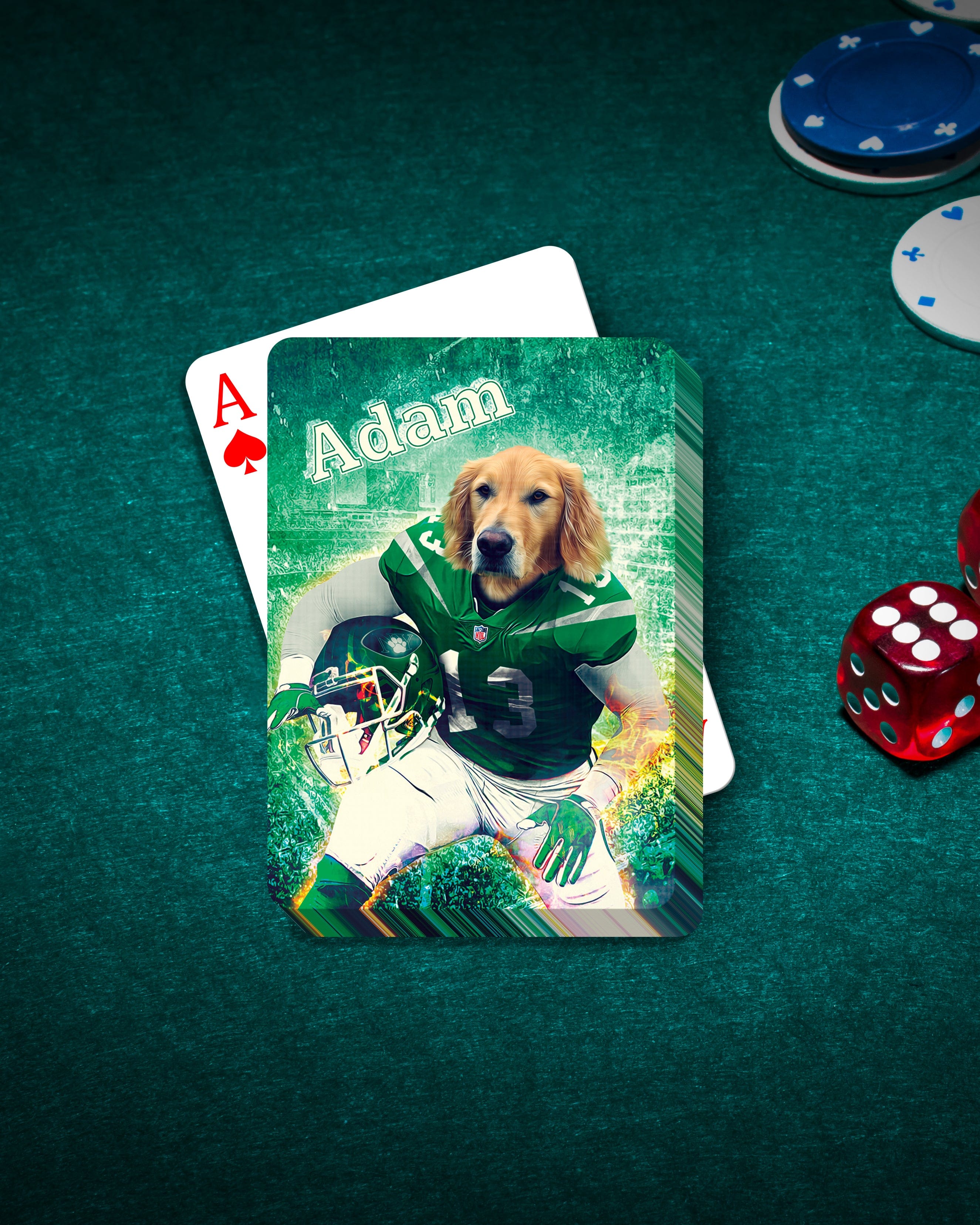Custom playing card with a golden retriever pet portrait in a green New York Jets football uniform.