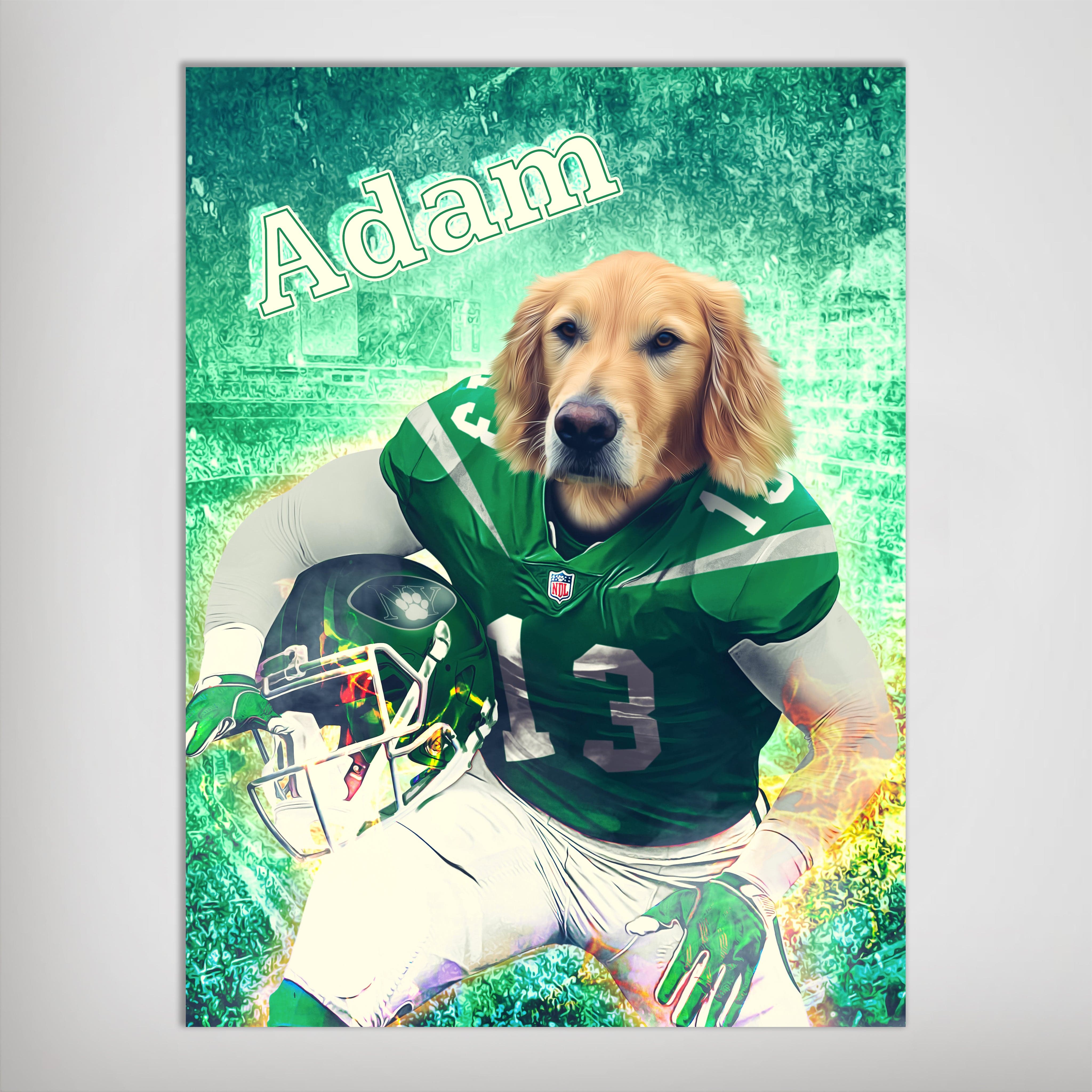 Personalized New York Jets-Doggos poster featuring a Golden Retriever in a green football uniform.