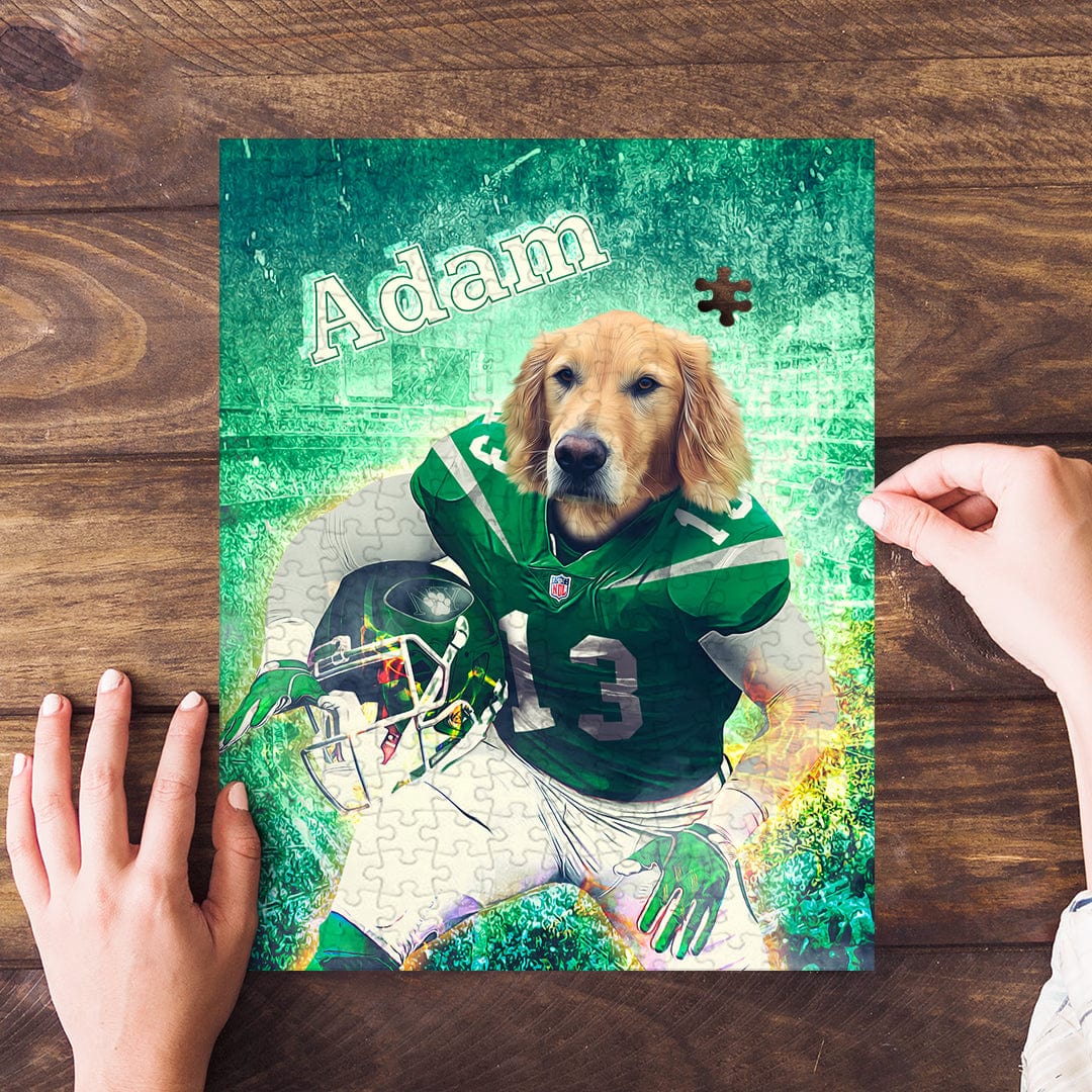 Personalized pet puzzle featuring a golden retriever in a green football uniform, with "Adam" text.