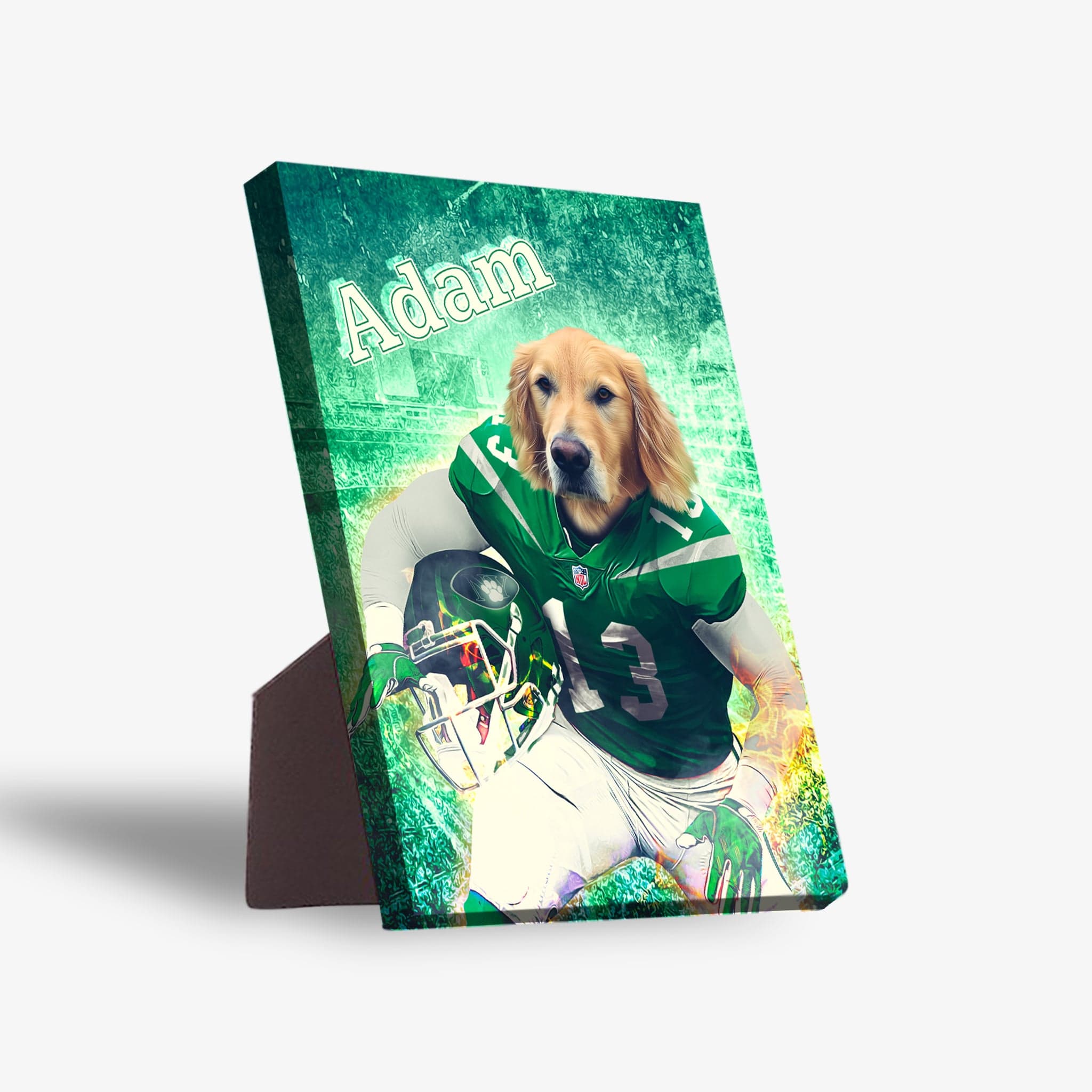 Personalized New York Jet-Doggos standing canvas featuring a golden retriever in a green football uniform.