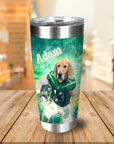 Personalized stainless steel tumbler with a golden retriever in a New York Jets football uniform.