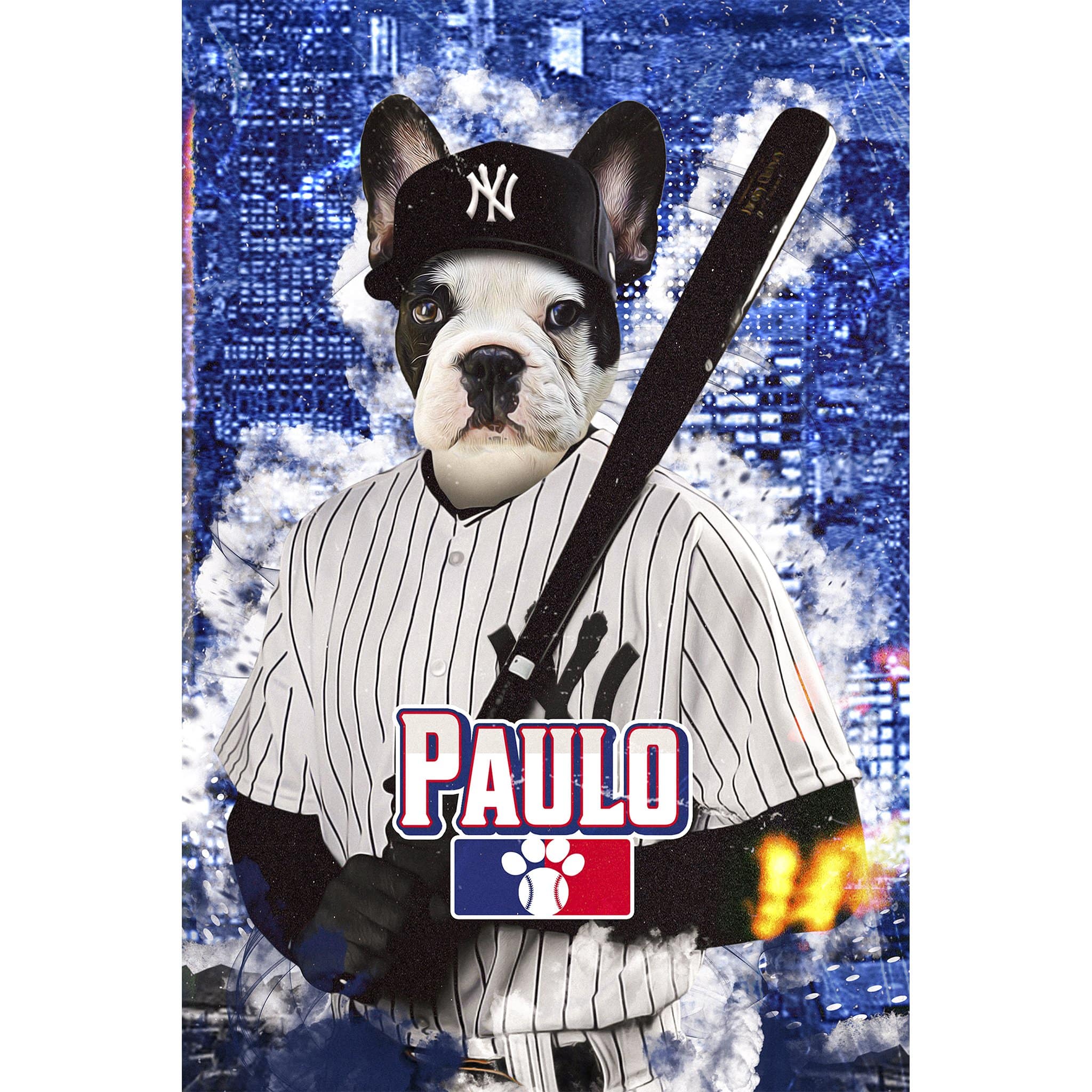 Personalized digital portrait of a French Bulldog in a New York Yankers baseball uniform.