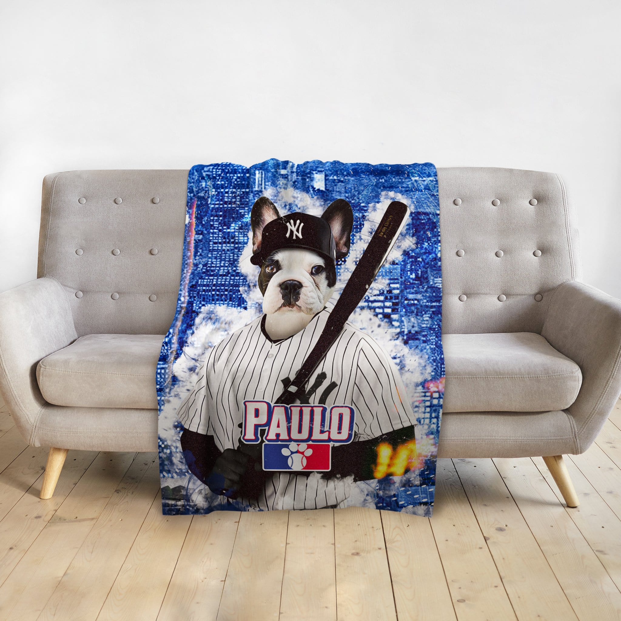 Personalized pet blanket with a French Bulldog in a baseball uniform holding a bat, named "PAULO".