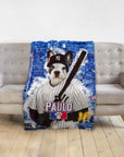 Personalized pet blanket with a French Bulldog in a baseball uniform holding a bat, named "PAULO".