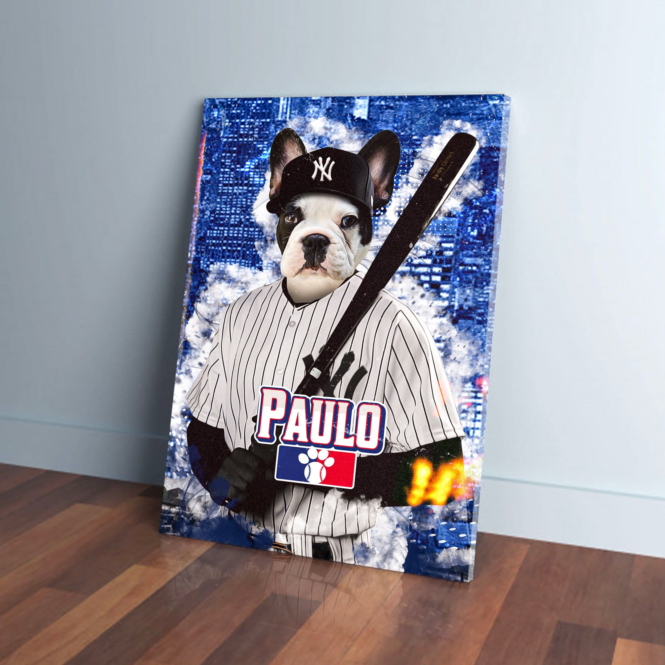 Personalized French Bulldog pet canvas in a New York Yankers baseball uniform, holding a bat.