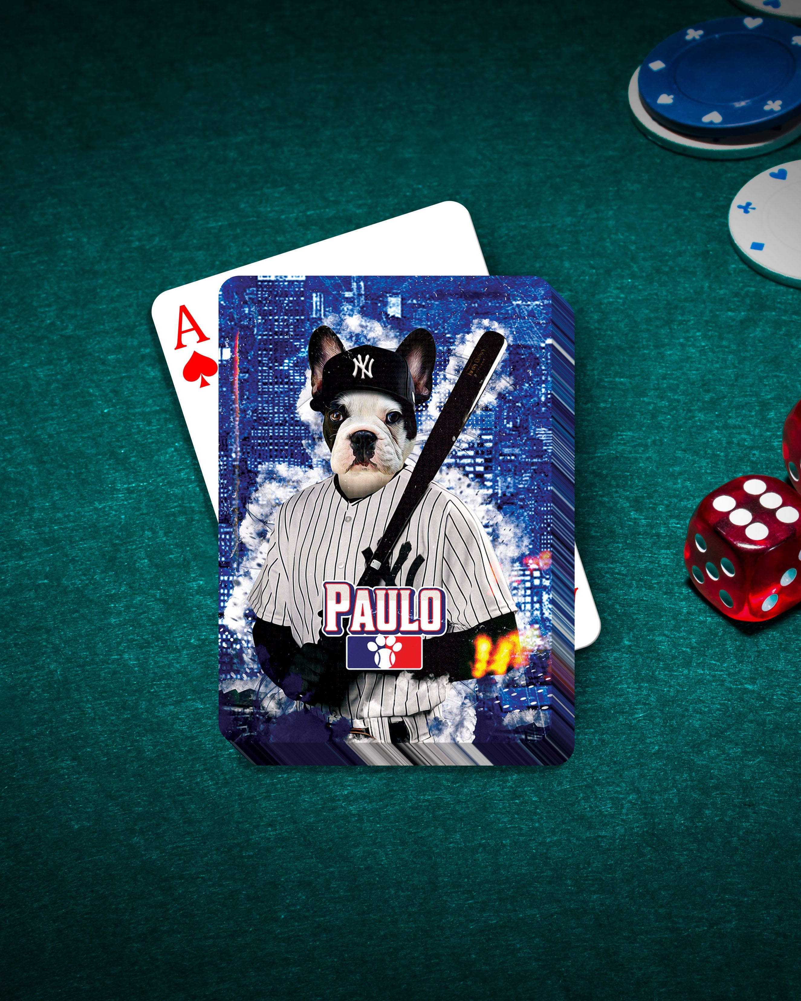 Custom New York Yankers playing card with a personalized French Bulldog pet portrait in a baseball uniform.