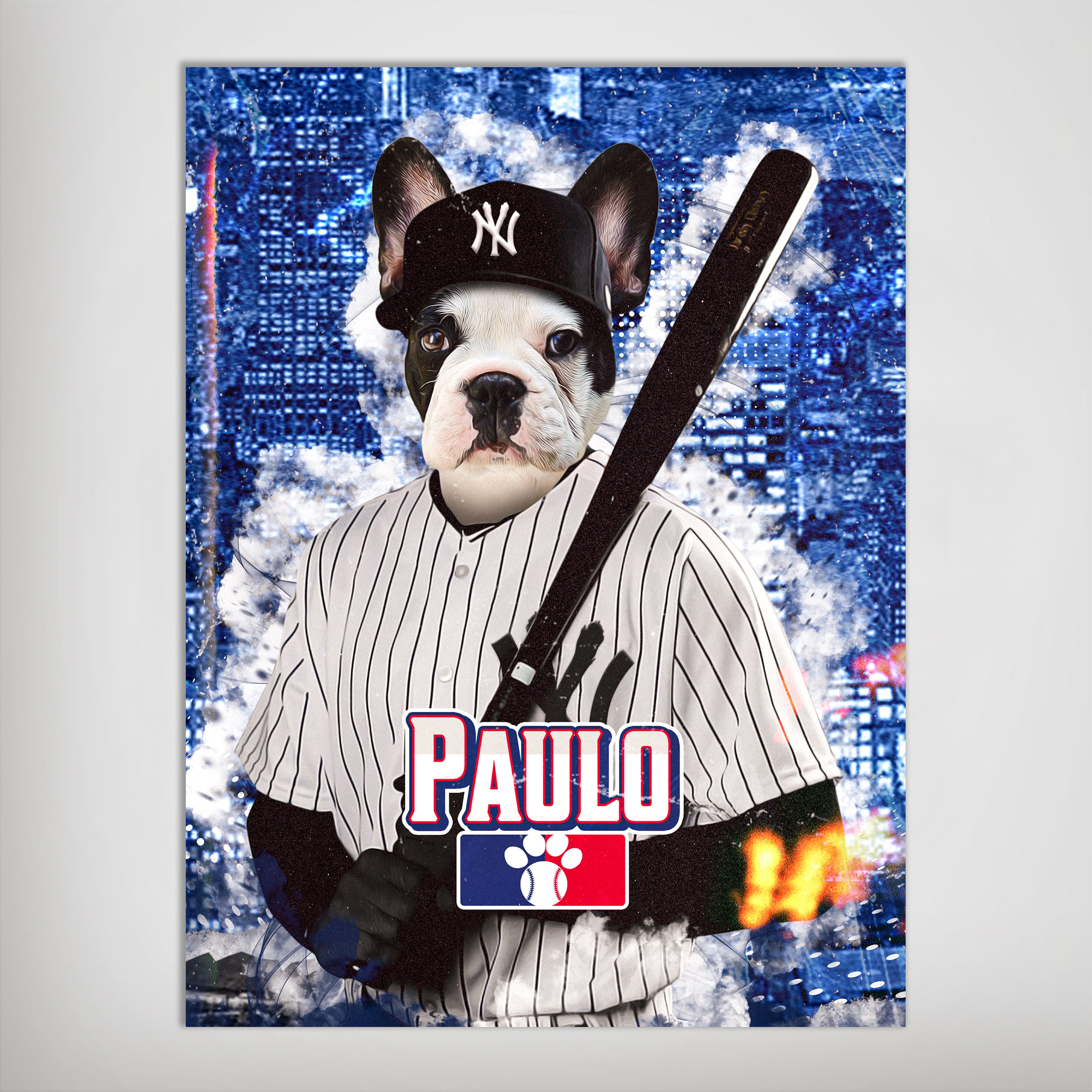 Personalized "New York Yankers" pet poster featuring a French Bulldog in a baseball uniform with a bat.