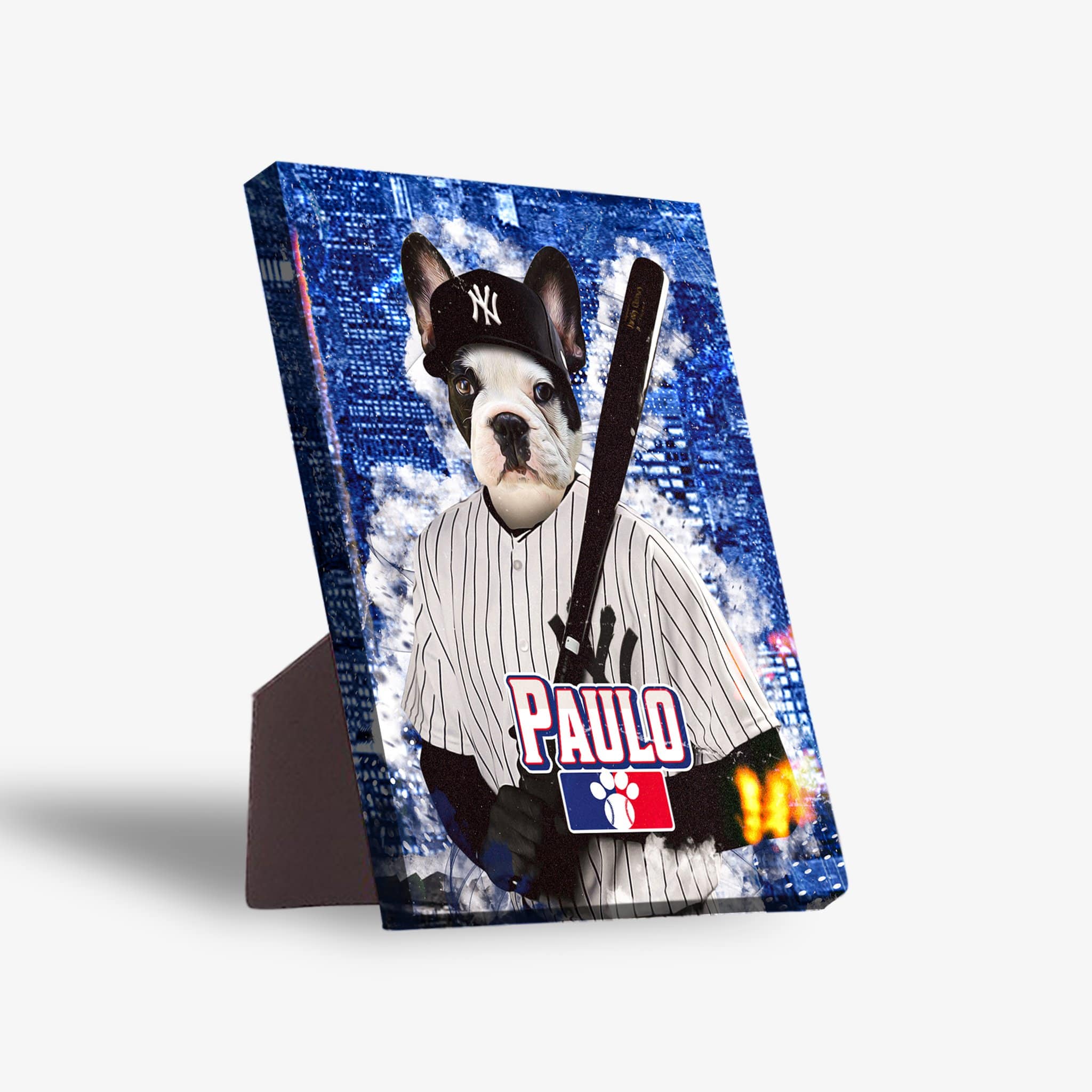 Personalized pet standing canvas featuring a French Bulldog in a New York Yankers baseball uniform with "PAULO" on the jersey.