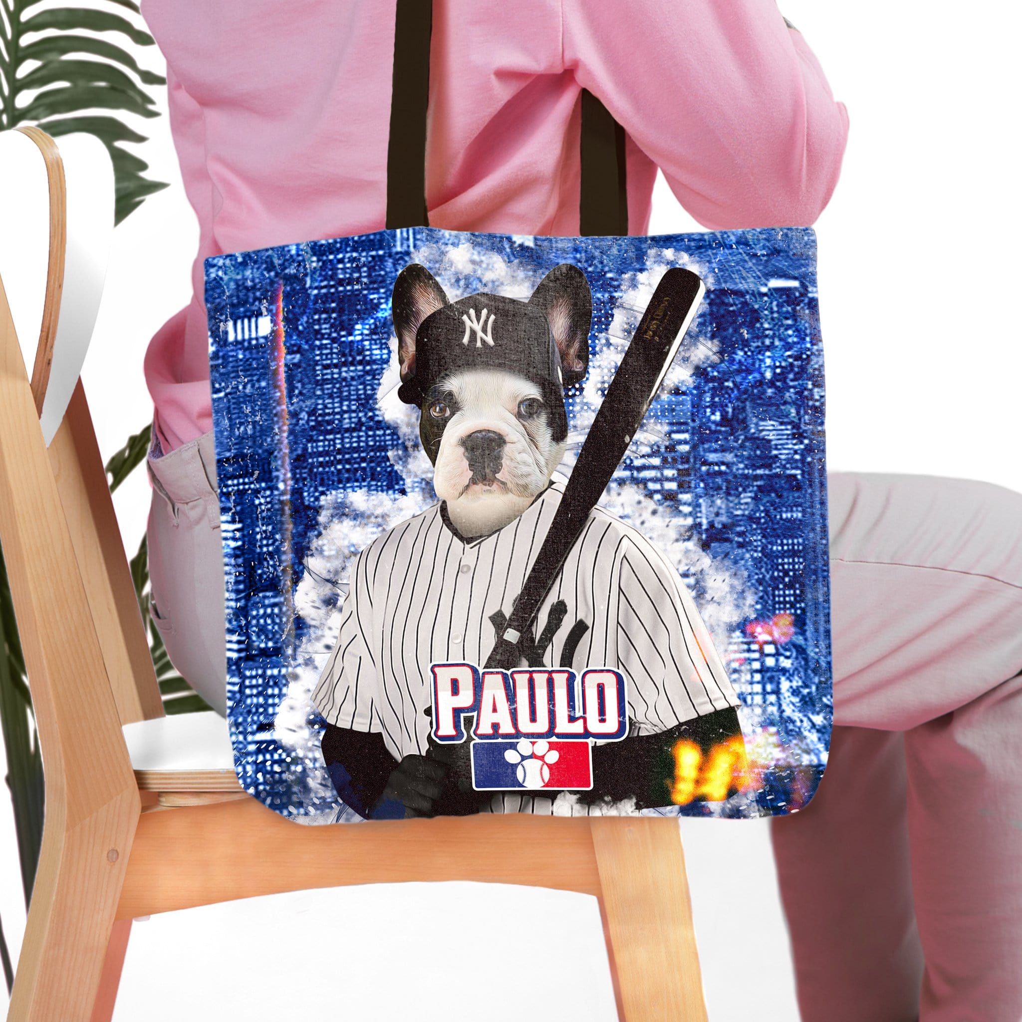 Personalized tote bag featuring a French Bulldog pet portrait in a baseball uniform.