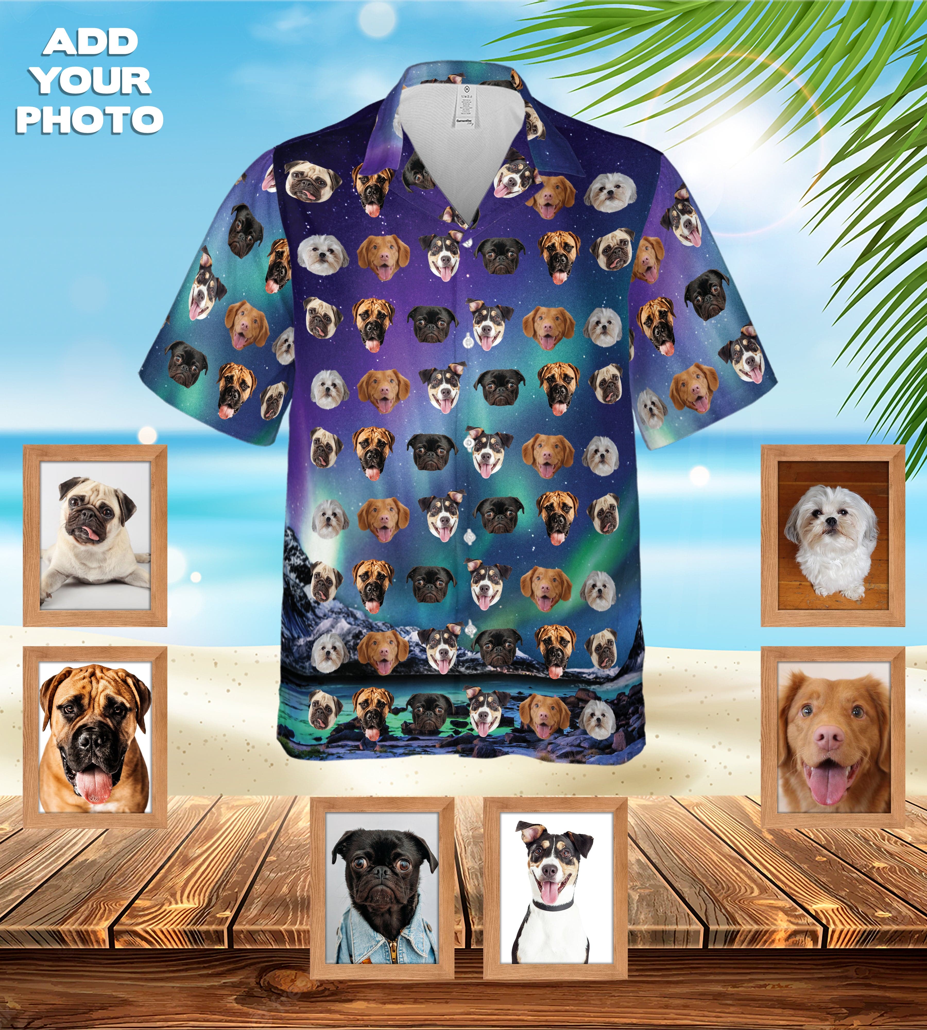Camisa hawaiana personalizada (Auroras boreales: 1-7 mascotas)