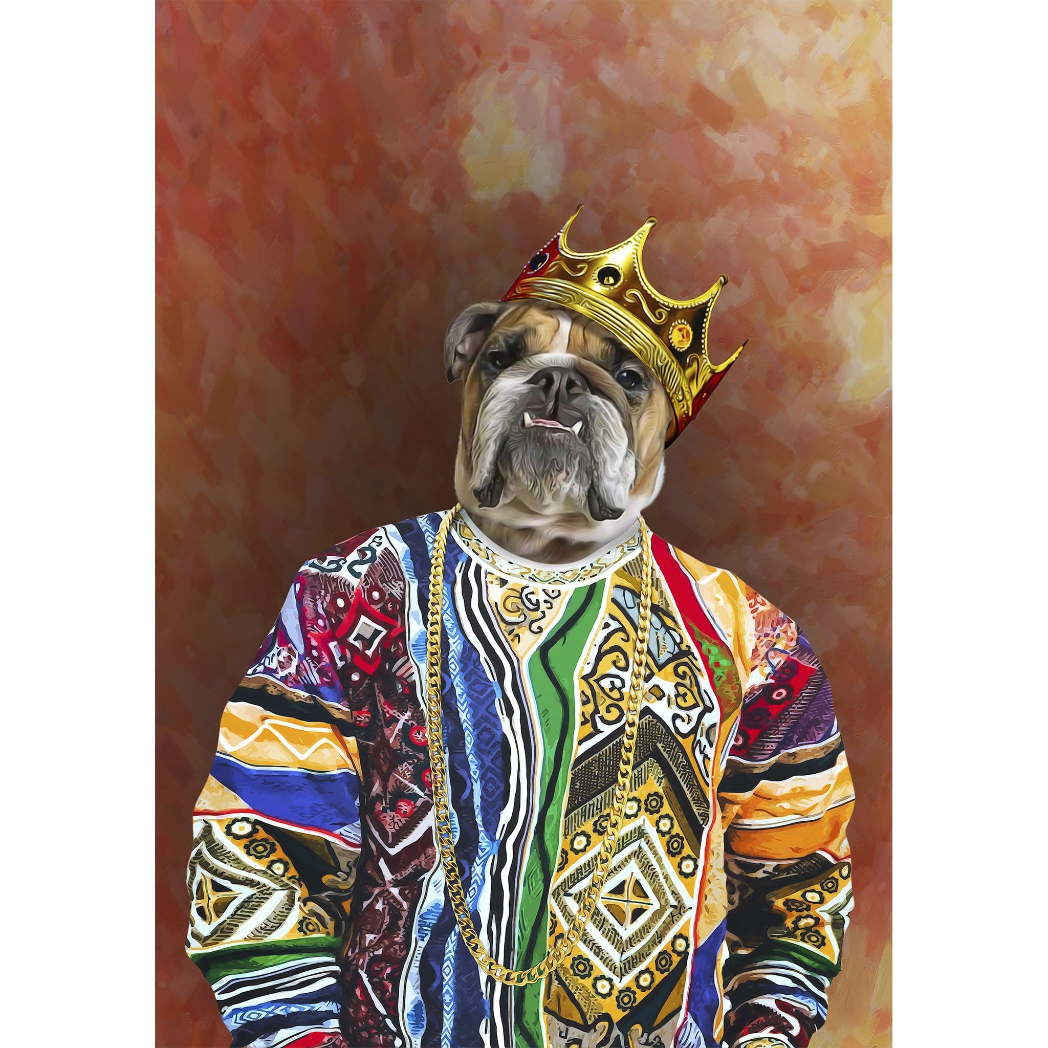 Personalized digital portrait of a bulldog wearing a crown and colorful sweater.