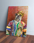 Personalized canvas of a bulldog wearing a gold crown, colorful sweater, and chains, leaning against a wall.