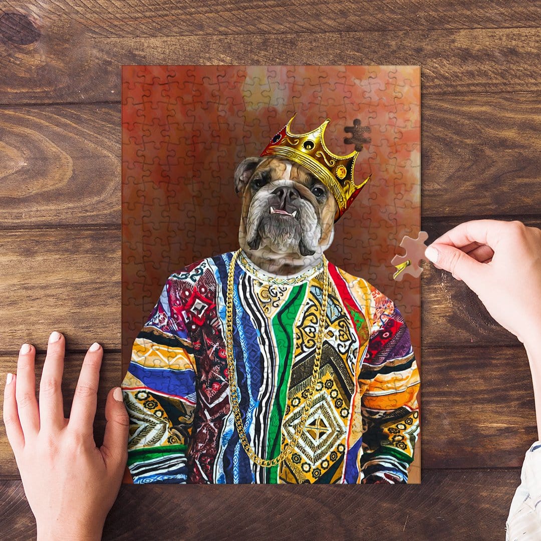 Personalized 'Notorious D.O.G.' puzzle featuring a bulldog in a crown and colorful sweater.