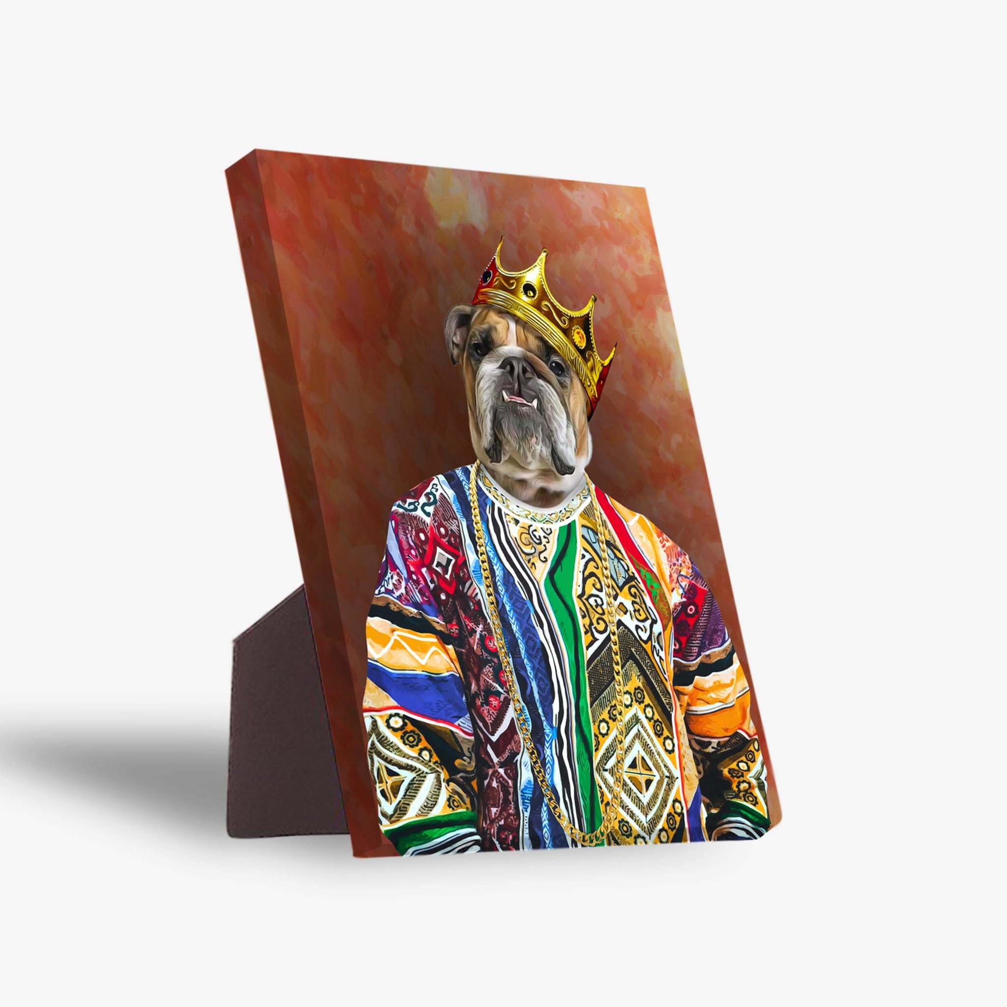 Personalized 'Notorious D.O.G.' standing canvas featuring a bulldog in a gold crown and colorful sweater.
