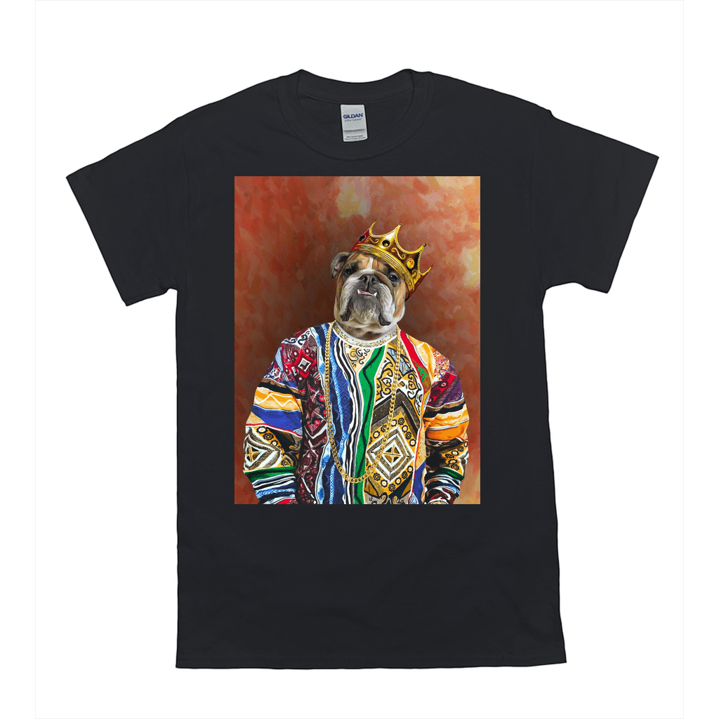 Black Gildan unisex t-shirt featuring a bulldog wearing a crown and colorful sweater, "Notorious D.O.G." design.